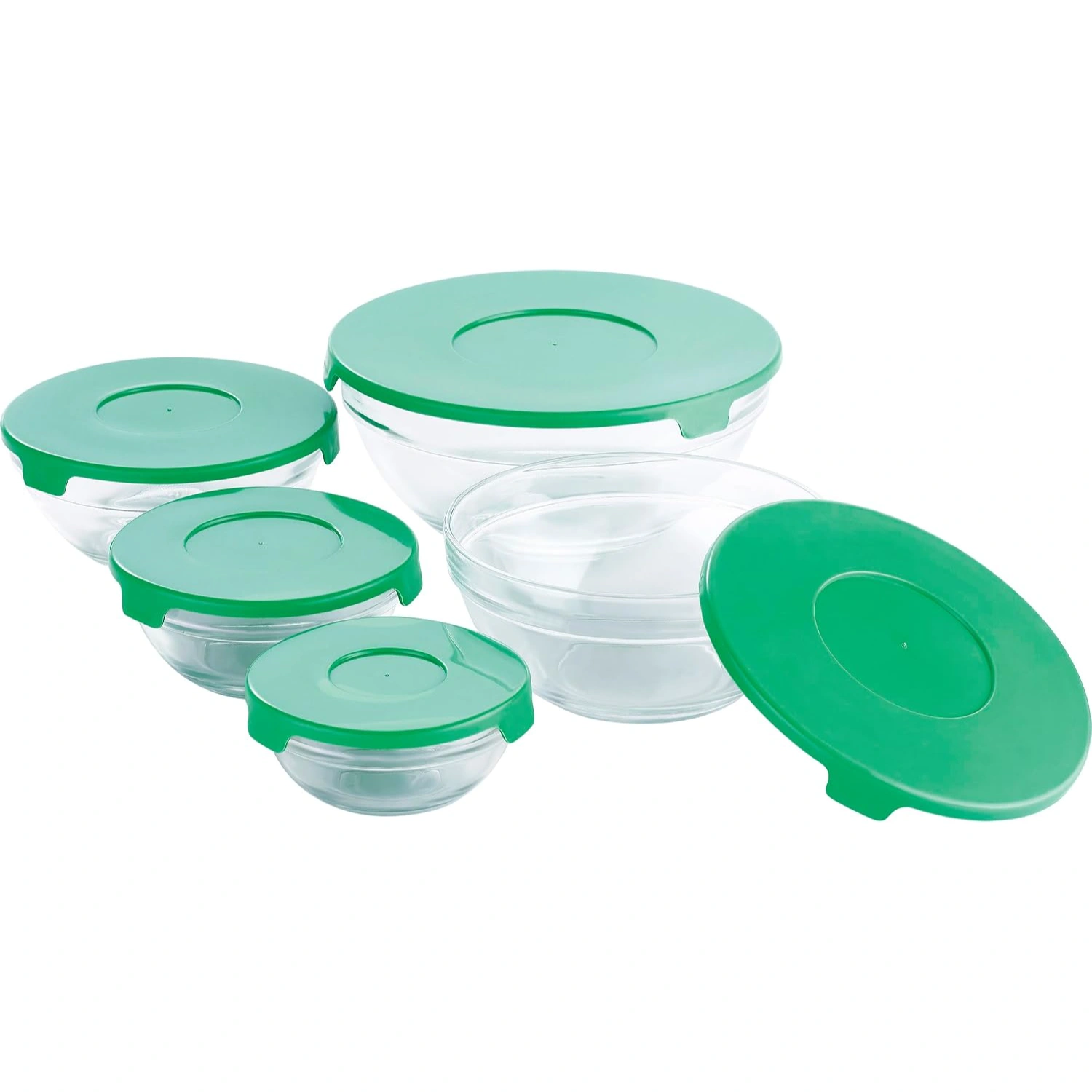 Set me pesë tasa qelqi në madhësi të ndryshme me kapakë plastikë hermetikë për ruajtjen e ushqimeve