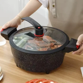 Tenxhere elektrike me fuqi 1500W, termostat të rregullueshëm, ruajtje automatike të nxehtësisë dhe përmasa të brendshme 31 cm diametër dhe 9 cm lartësi
