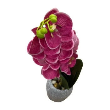 Lule orkide dekorative 40 cm me gjethe jeshile dhe vazo porcelani me diametër 9 cm