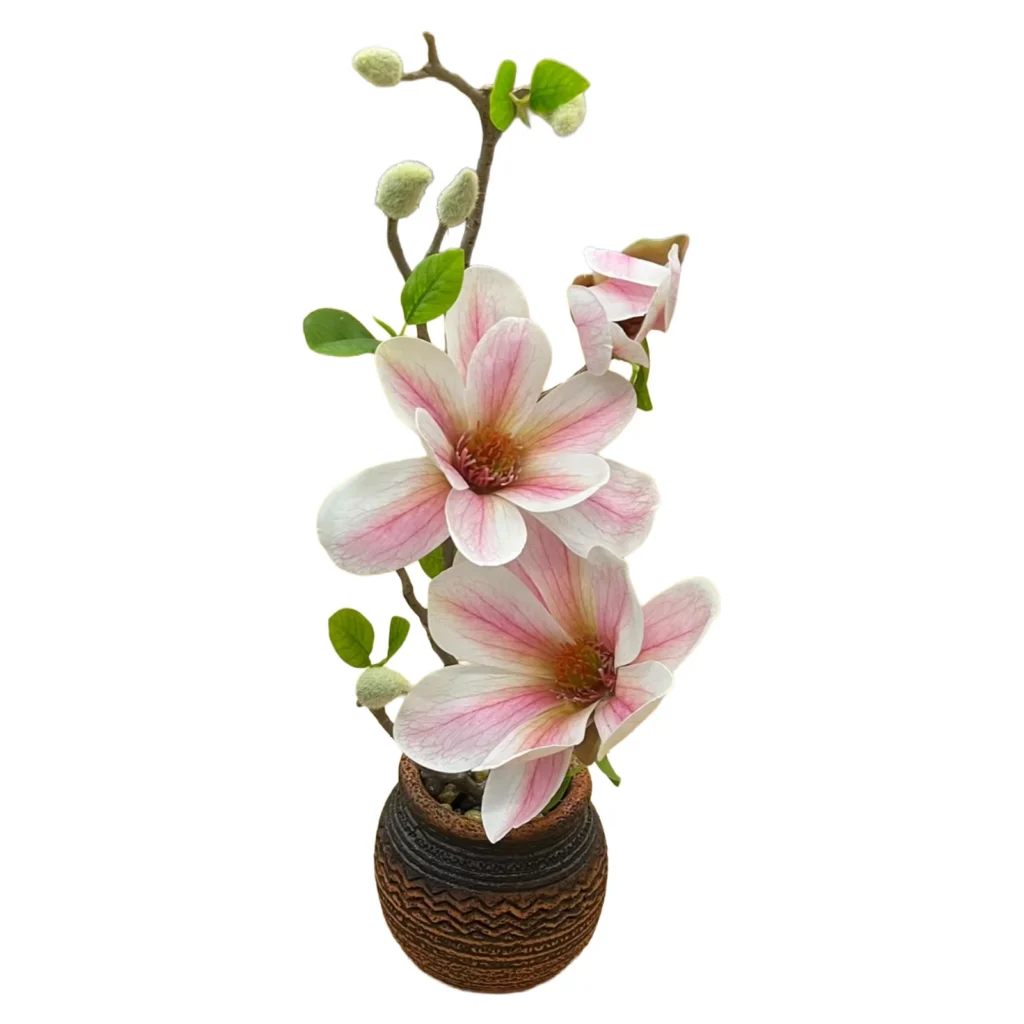 Magnolia artificiale me lule te bardha me nuanca roze dhe te verdha, gjethe dekorative dhe vazo porcelani kafe