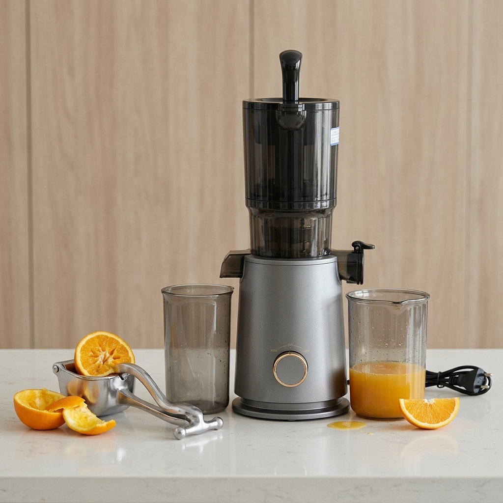 Set shtrydhëse frutash me pajisje elektrike 200W dhe shtrydhëse manuale inoks.