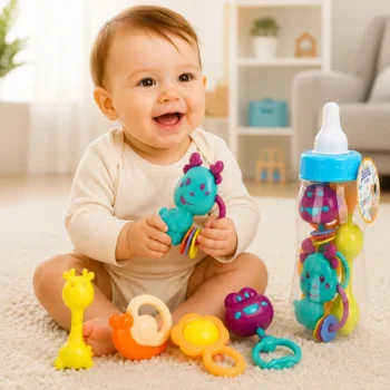 Baby Bell Set me 5 lodra shumëngjyrëshe, të vendosura në paketim transparent në formë biberoni.