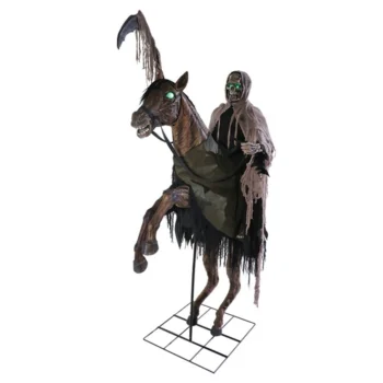 Dekor i animuar Halloween me kalorës dhe kalë, sy me ndriçim të gjelbër, lëvizje të kokës dhe efekte zanore.