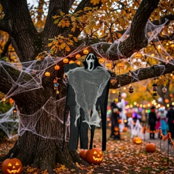 Rrjeta e bardhë pothuajse transparente që shoqëron maskën e kafkës për dekorime Halloween.