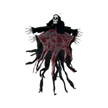 Dekor Halloween me duar skeletore të zgjatura, kapuç të zi dhe pëlhurë dekorative të kuqe dhe të bardhë.