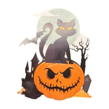 Dekor Halloween prej kartoni me mace të zezë, kungull portokalli dhe figura festive, me përmasa 40x31 cm.