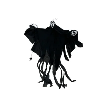 Dekor Halloween për varje me tri fytyra të frikshme, maska me sy dhe gojë të errët dhe veshje të copëzuar.
