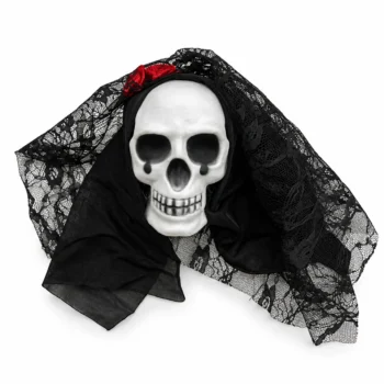 Dekor i varur për Halloween me kafkë 10x7.5 cm, vello të zezë dhe dy lule të kuqe në pjesën e sipërme.
