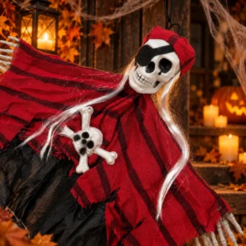 Pamje nga afër e piratit dekorativ Halloween me mbulesë të zezë në sy, flokë të bardhë dhe simbolin e kafkës me kocka të kryqëzuara.
