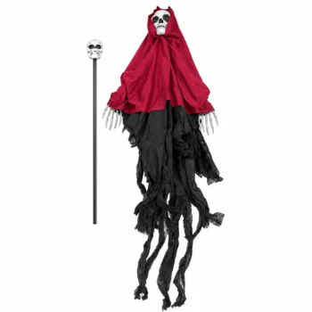 Demon skeletik dekorativ për Halloween, me mantel të kuq, kapuç, kafkë të bardhë dhe shkop me kafkë të vogël, me përmasa 100x40cm.