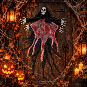 Fantazmë dekorative Halloween me kafkë të bardhë, duar skeletore dhe veshje të zezë me detaje të kuqe.