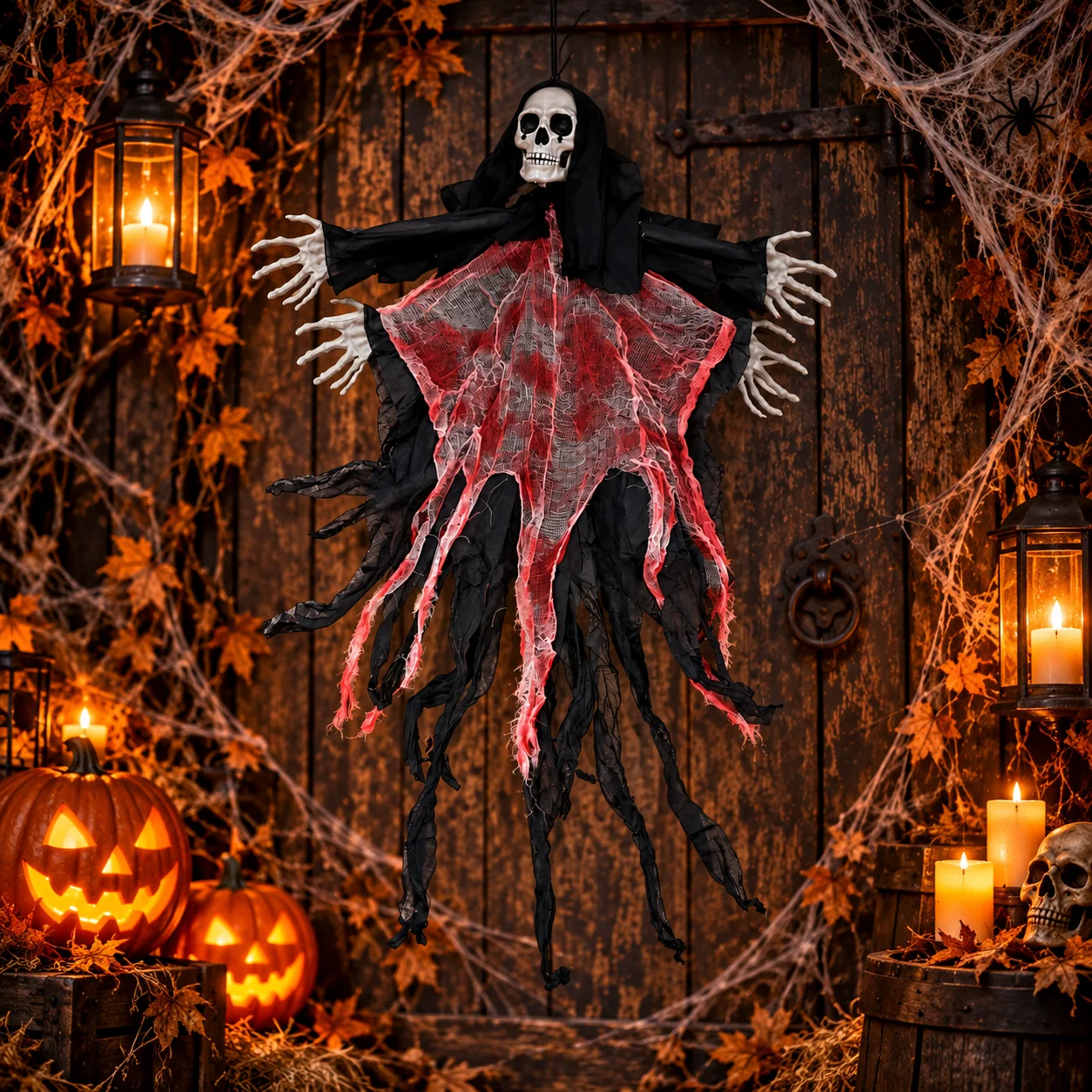 Fantazmë dekorative Halloween me kafkë të bardhë, duar skeletore dhe veshje të zezë me detaje të kuqe.