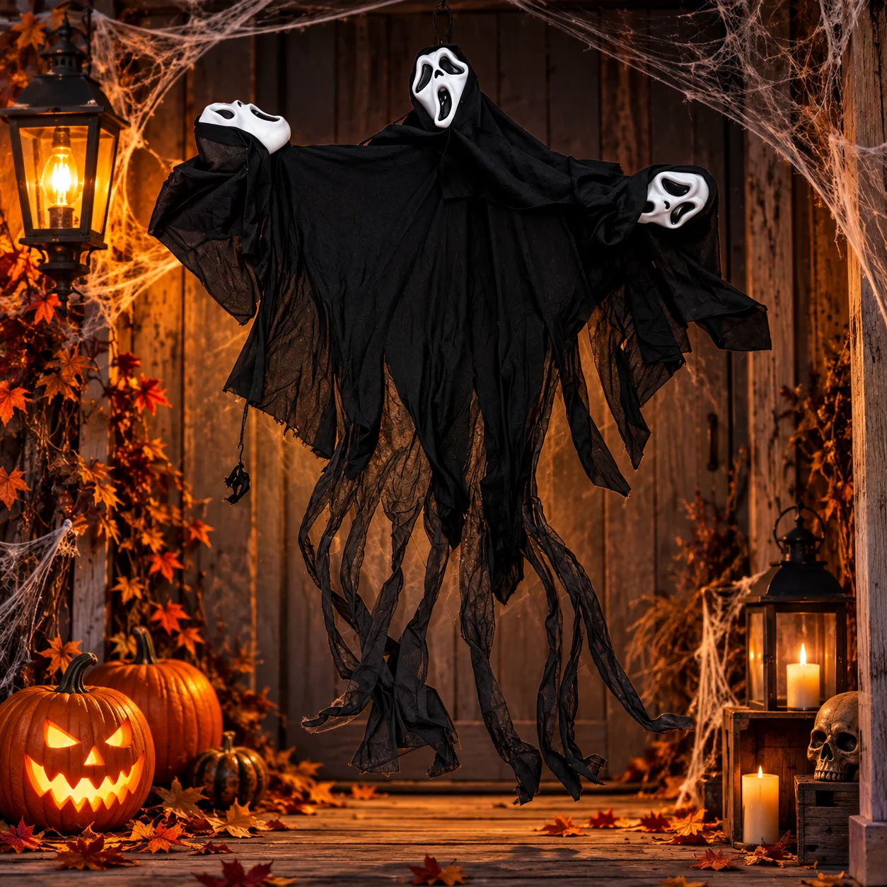 Fantazmë dekorative Halloween me 3 maska të bardha, veshje të zezë dhe përmasa 71x77cm.