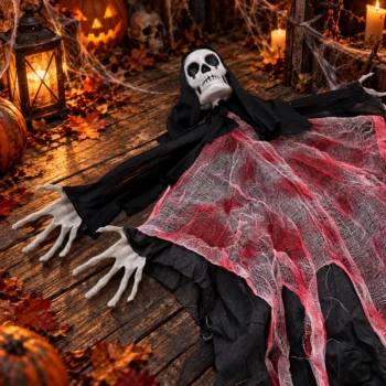 Fantazmë Halloween me kafkë, veshje të zezë të copëzuar dhe rrjetë dekorative në nuanca të kuqe.