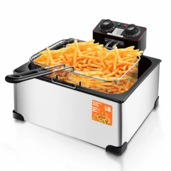 Fritezë elektrike me vaj, modeli R.5224, me kapacitet 5 litra, fuqi 2000W, trup prej çeliku inox dhe shportë metalike për skuqjen e ushqimeve.