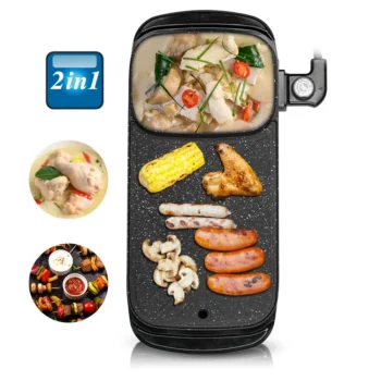Grilë elektrike 1200W me pllakë pjekjeje 23 x 23 cm dhe tenxhere 22 x 16 x 6 cm, e përshtatshme për përgatitjen e ushqimeve të ndryshme.