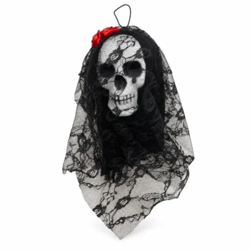 Kafkë dekorative e bardhë me vello të zezë prej dantelle dhe dy lule të kuqe, e përshtatshme për Halloween.