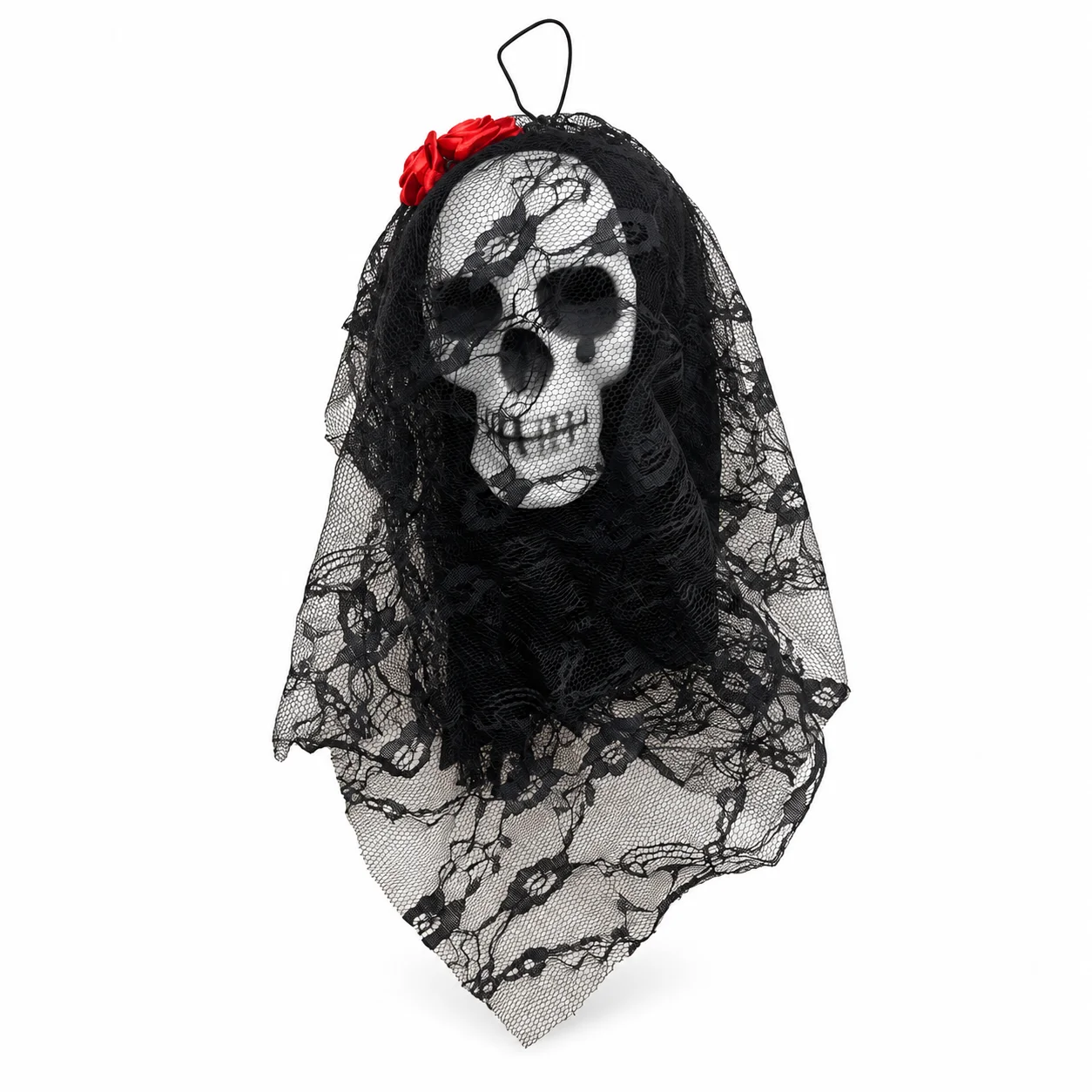 Kafkë dekorative e bardhë me vello të zezë prej dantelle dhe dy lule të kuqe, e përshtatshme për Halloween.