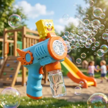 Pistoletë automatike SpongeBob për flluska sapuni, me figurë dekorative të verdhë, mekanizëm për prodhimin e flluskave dhe enë transparente.
