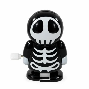 Lodër Halloween në formë skeleti të zi me detaje të bardha, e pajisur me çelës mekanik për lëvizje.