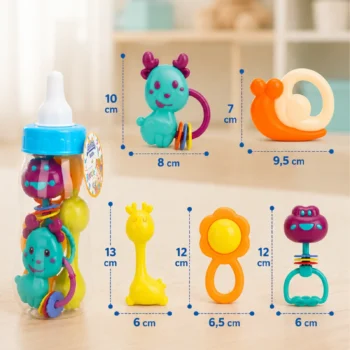 Lodra për bebe prej plastike me figura kafshësh, doreza dhe unaza shumëngjyrëshe për lojë.