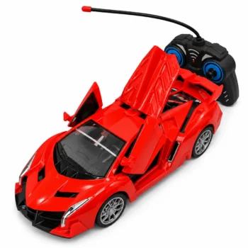 Makinë Lamborghini lodër në ngjyrë të kuqe, me dyer të hapura vertikalisht, kapak të pasmë të hapshëm dhe telekomandë.