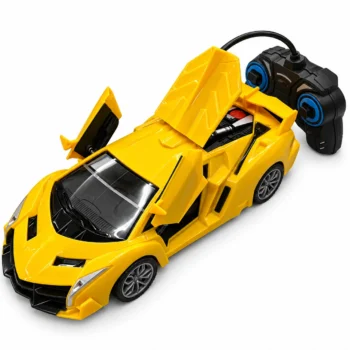Makinë Lamborghini me telekomandë në ngjyrë të verdhë, shkallë 1:12, me dyer vertikale të hapshme, drita dhe funksion spërkatjeje.