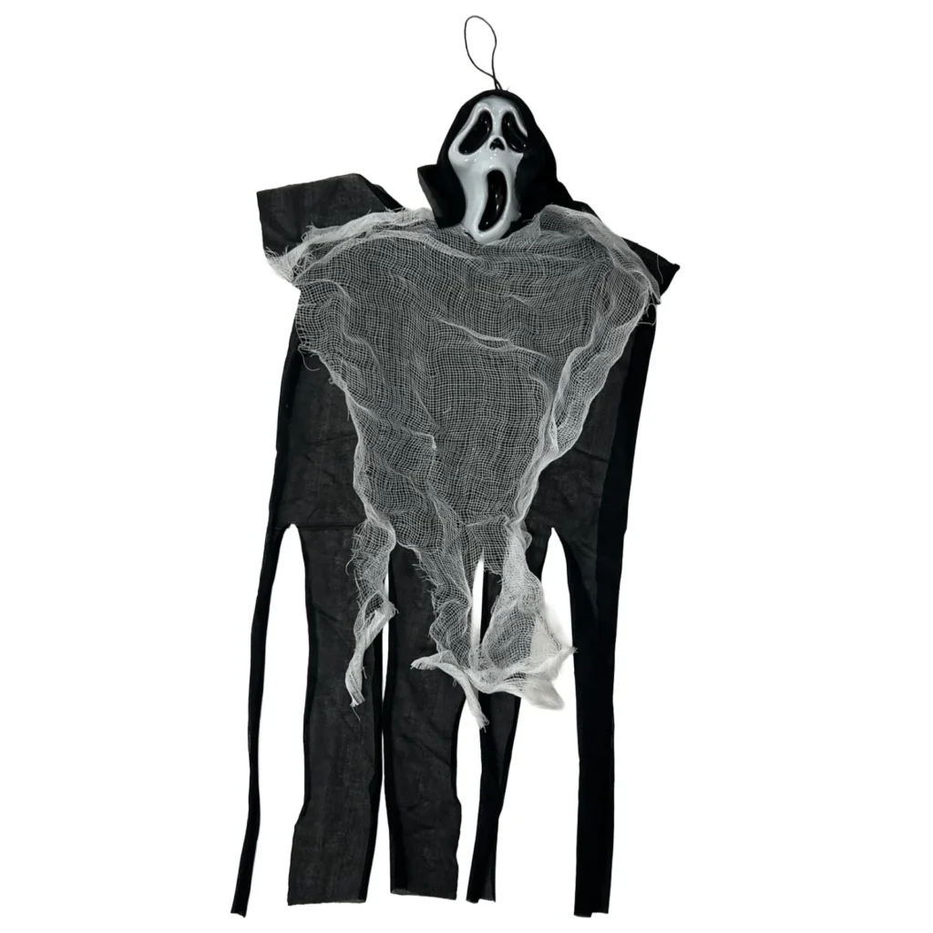 Maskë fantazme me kafkë të bardhë, copë të zezë dhe rrjetë të bardhë për dekorimin e Halloween-it.