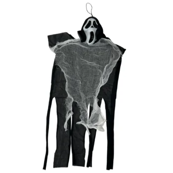 Maskë fantazme me kafkë të bardhë, copë të zezë dhe rrjetë të bardhë për dekorimin e Halloween-it.