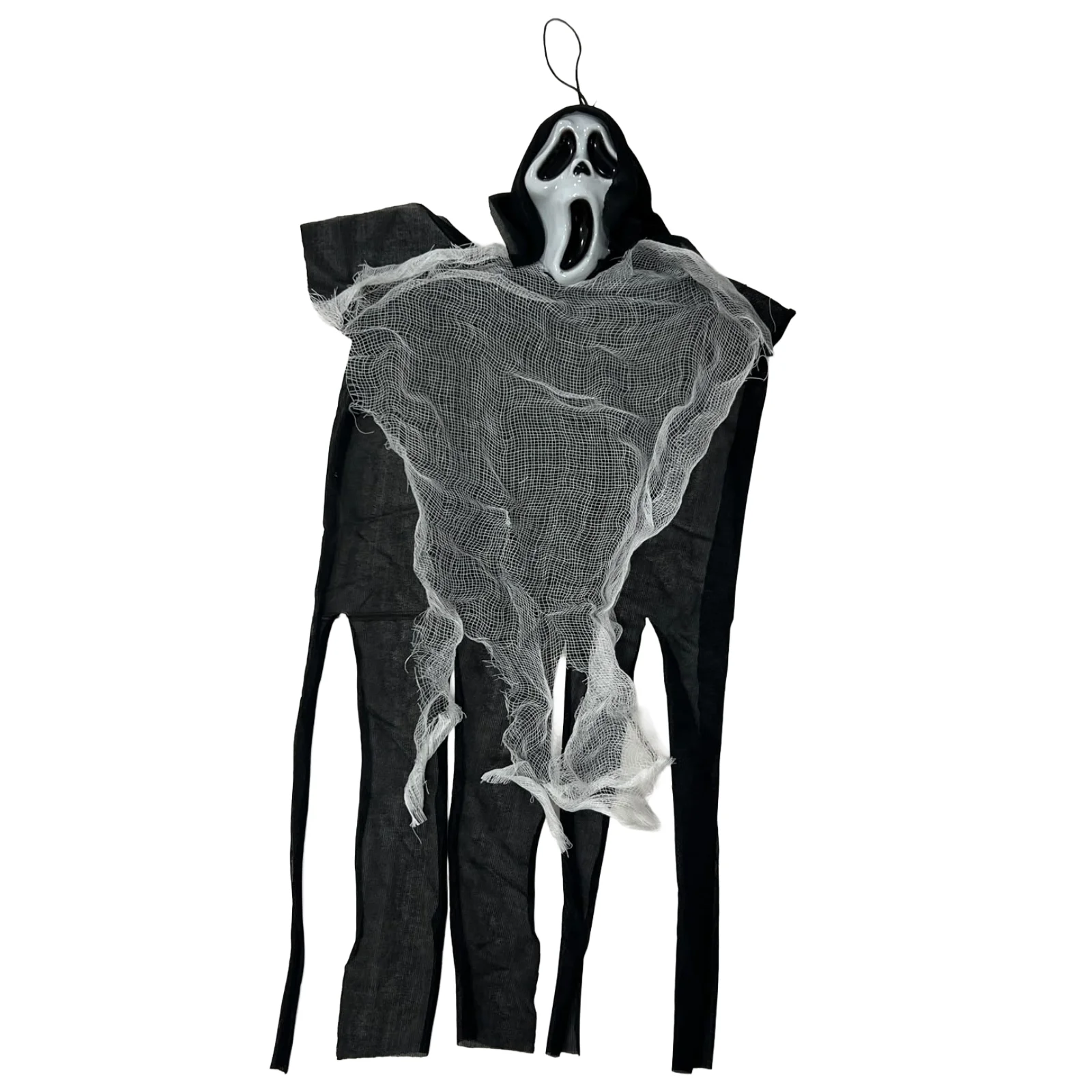 Maskë fantazme me kafkë të bardhë, copë të zezë dhe rrjetë të bardhë për dekorimin e Halloween-it.