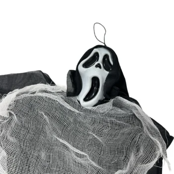 Maskë dekorative Halloween me kafkë të bardhë dhe elemente të zeza për një pamje fantazme.