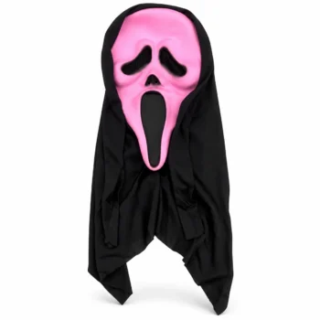 Maskë Ghostface rozë për Halloween 26x17cm, me fytyrë të zgjatur, hapësira të errëta për sytë dhe mbulesë të zezë për kokën.