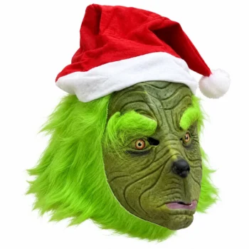 Maskë elastike Grinch 30x24 cm, me sy ekspresivë, vetulla jeshile dhe kapuç Babagjyshi.