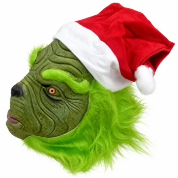 Maskë Grinch me flokë jeshilë, fytyrë me rrudha të theksuara dhe kapuç Krishtlindjesh.