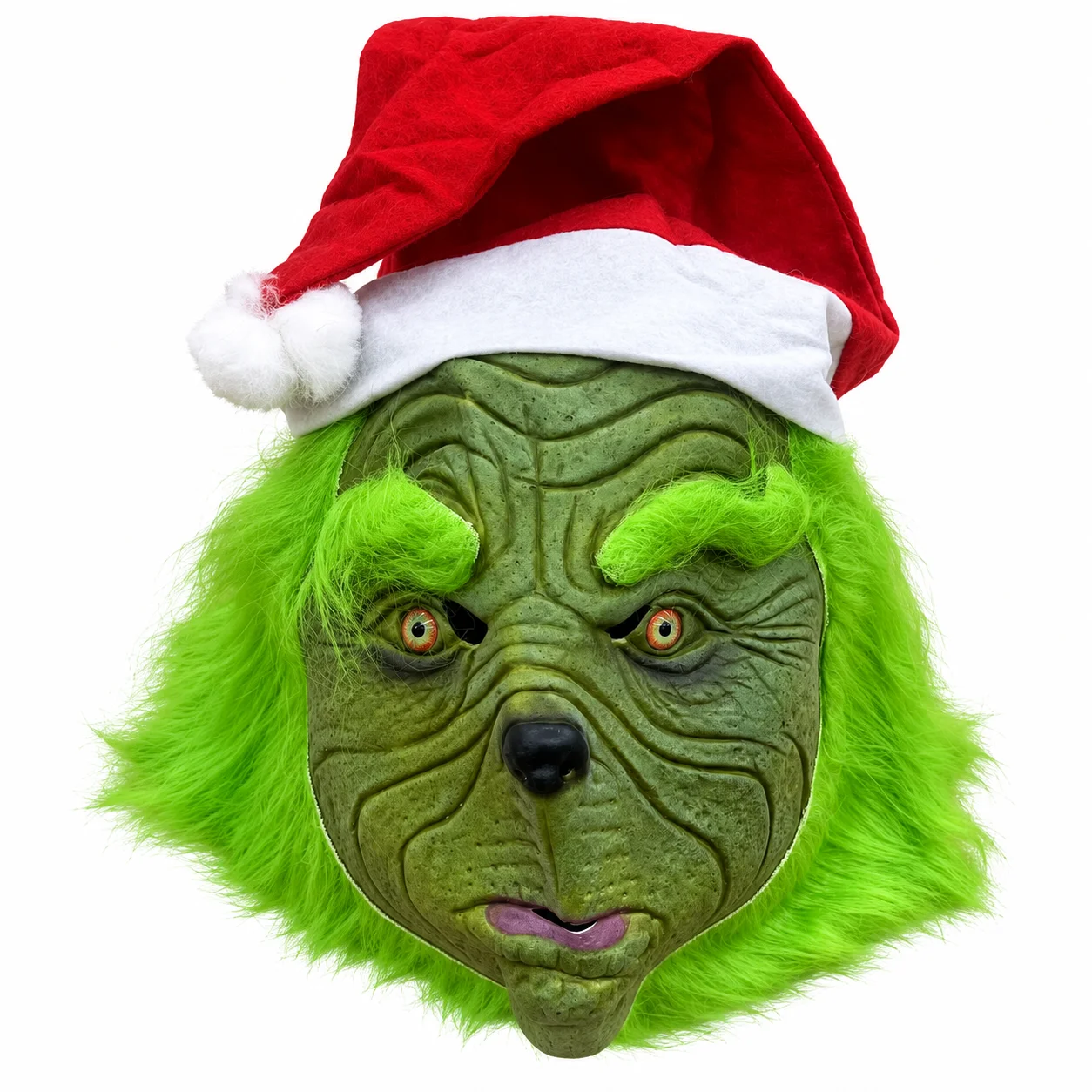 Maskë Grinch me fytyrë jeshile, flokë artificialë dhe kapuç të kuq Babagjyshi.