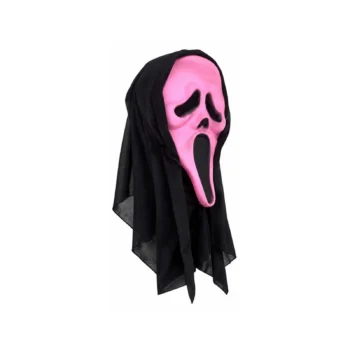 Maskë Ghostface rozë e fotografuar nga këndi anësor, me gojë të zgjatur në formë britme dhe mbulesë të zezë prej pëlhure.
