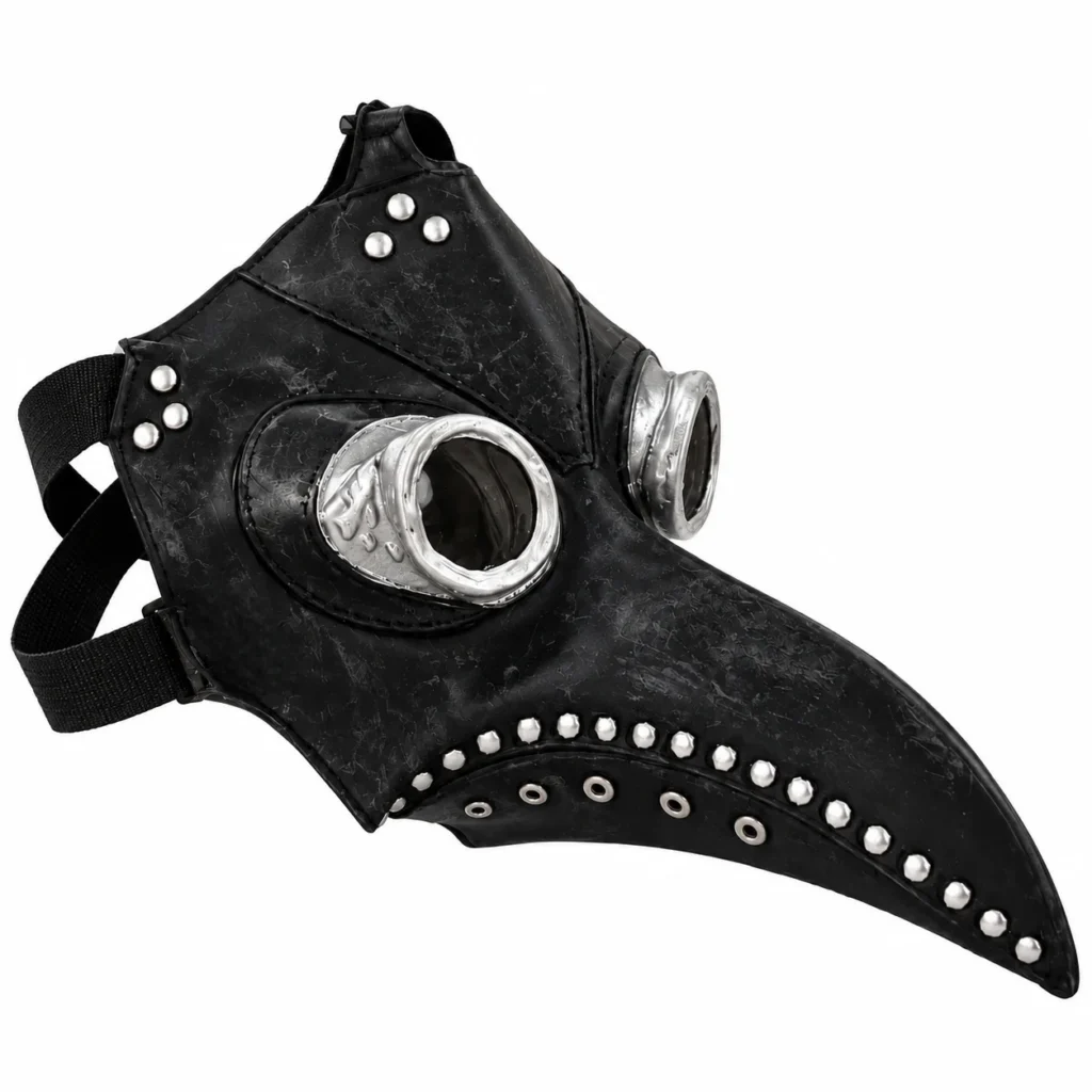 Maskë Halloween Mjeku i Murtajës në ngjyrë të zezë, me sqep të gjatë, syze rrethore dhe detaje argjendi, me përmasa 18x30cm.