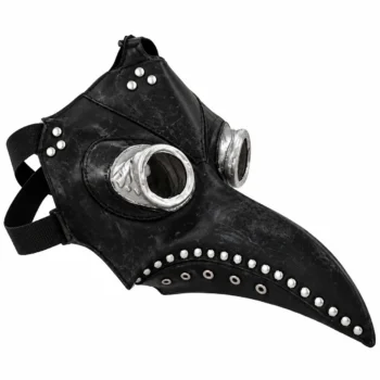 Maskë Halloween Mjeku i Murtajës në ngjyrë të zezë, me sqep të gjatë, syze rrethore dhe detaje argjendi, me përmasa 18x30cm.