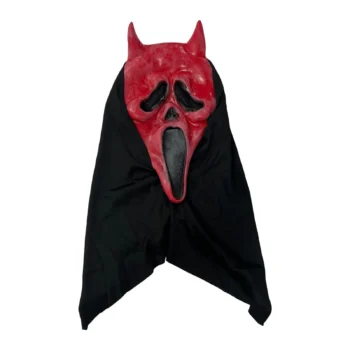 Maskë Halloween Scream me fytyrë që ulëret, brirë djalli të kuq dhe kapuç të zi.