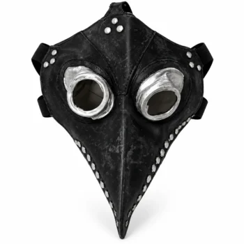 Pamje anësore e maskës Halloween Mjeku i Murtajës, me sqep të lakuar, korniza argjendi rreth syve dhe rripa të zinj për vendosje.