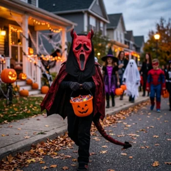Maskë Halloween me fytyrë që ulëret, e krijuar për festa me kostume dhe aktivitete tematike.