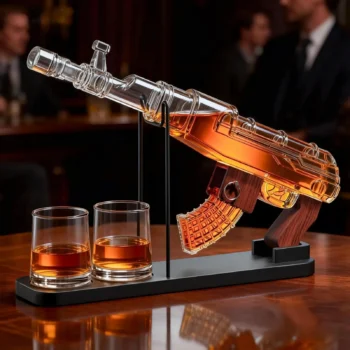 Set mbajtëse alkooli me dizajn AK-47 që përfshin dy gota për shërbimin e pijeve.