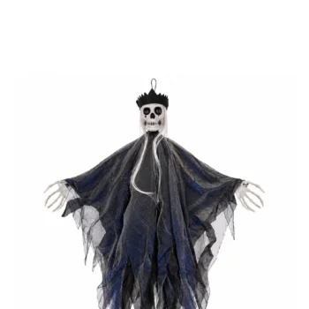 Mbret skelet dekorativ për Halloween, me përmasa 100x55 cm, kurorë të zezë, flokë të bardhë dhe veshje të gjatë.
