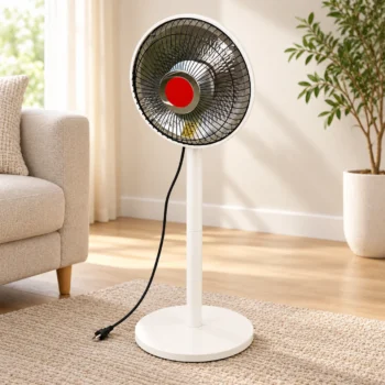 Ngrohës ambiental 600W me qëndrim në dysheme, i vendosur në një ambient modern shtëpie, pranë divanit.