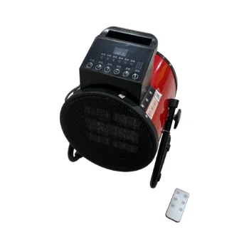 Ngrohës elektrik Royalstar 3000W me trup cilindrik të kuq, rrjetë metalike mbrojtëse, bazament mbështetës dhe përmasa 28 x 26 x 34 cm.