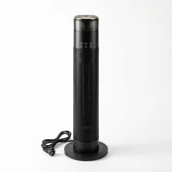Ngrohës elektrik vertikal YUANMI NSB-2000A me fuqi 2000W, humidizues të integruar, panel kontrolli me prekje dhe bazament rrethor.