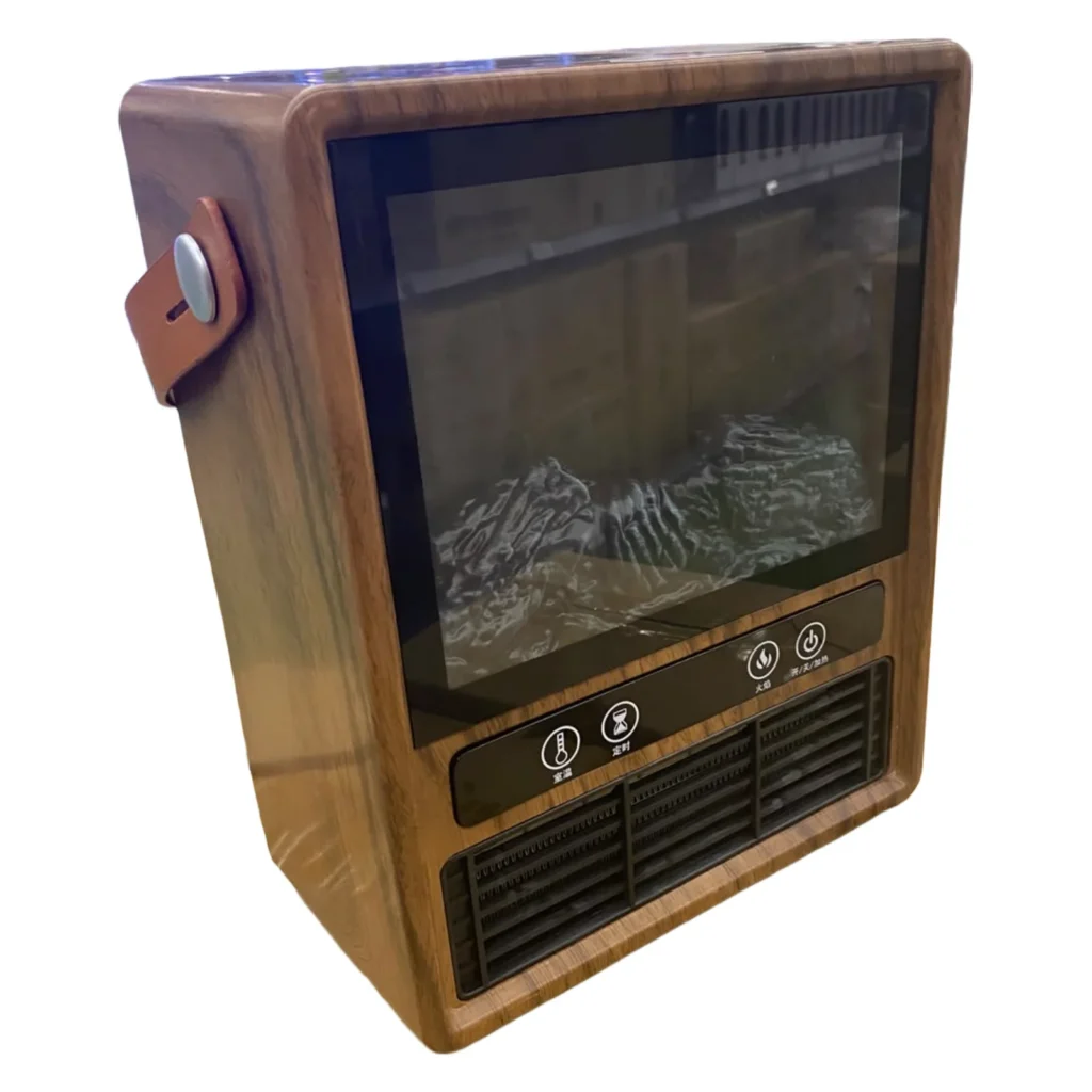 Ngrohëse me ajër 1500W, modeli F2302DC-E, me dizajn në stil oxhaku dhe efekte vizuale 3D.