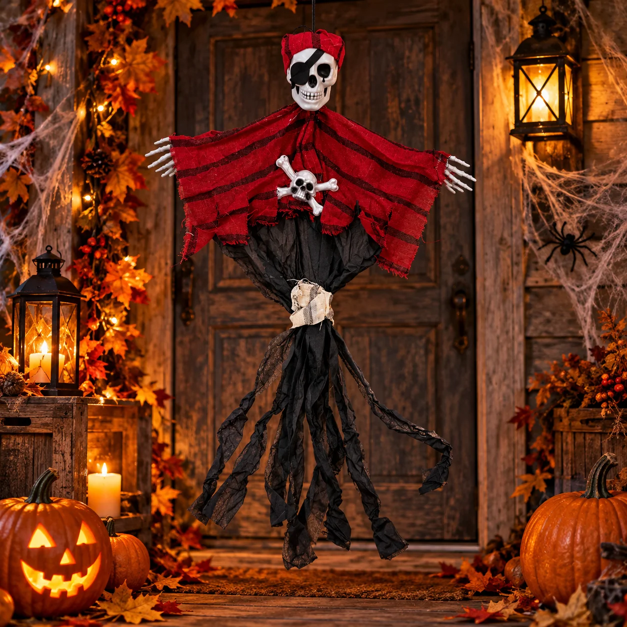 Pirat dekorativ Halloween për varje, me kafkë të bardhë, mbulesë të zezë në sy dhe veshje të kuqe e të zezë, me përmasa 56x79cm.
