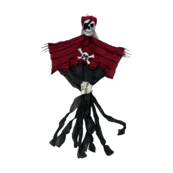 Pirat skeletor Halloween me shami të kuqe, veshje me vija të zeza dhe të kuqe, si dhe shirita të gjatë dekorativë.
