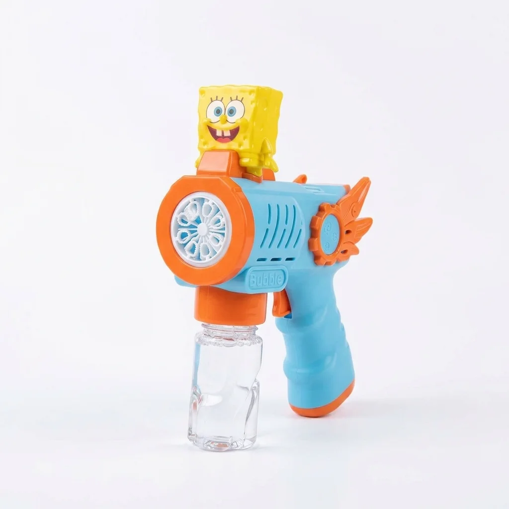 Pistoletë automatike për flluska sapuni SpongeBob me dritë LED, enë transparente për solucionin dhe dizajn shumëngjyrësh për fëmijë.